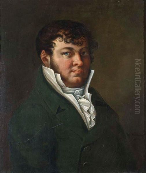 Portrait Of A Man, Depicted Half Length Wearing A Green Coat And A White Collar Oil Painting by Maximillian Neustuck