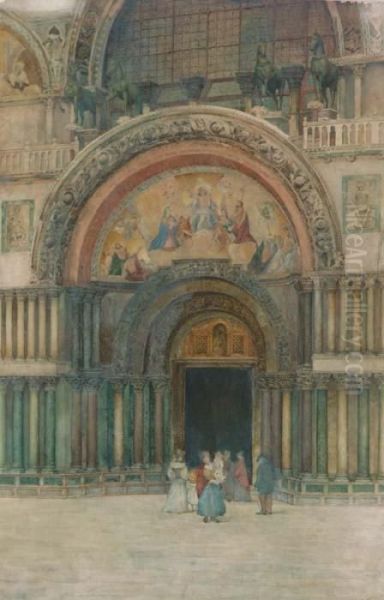 Figures Outside The Basilica San Marco, Venice Oil Painting by A. Augustus Neve