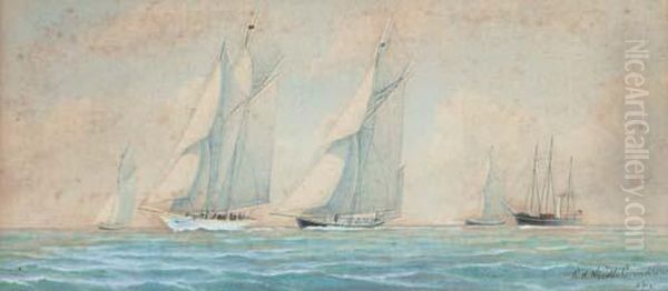 Big-class Yachts Racing Upwind Oil Painting by Richard Henry Neville-Cumming