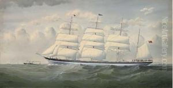 The Four-masted Barque 
Sindia 
 Under Shortened Sail In The Channel Oil Painting by Richard Henry Neville-Cumming