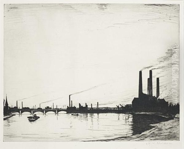 Chelsea Reach Power Stations Oil Painting by Christopher R. Wynne Nevinson