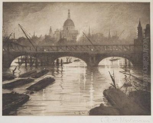 St. Paul's From The Thames Oil Painting by Christopher R. Wynne Nevinson