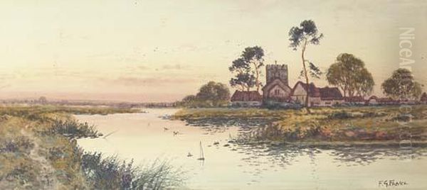 A Riverside Hamlet At Dusk (illustrated); Near Guildford; And Neargodalming, Surrey Oil Painting by Francis George Fraser