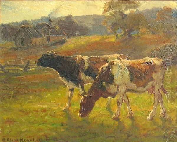 October, Late Afternoon (two Cows In A Field) Oil Painting by George Glenn Newell