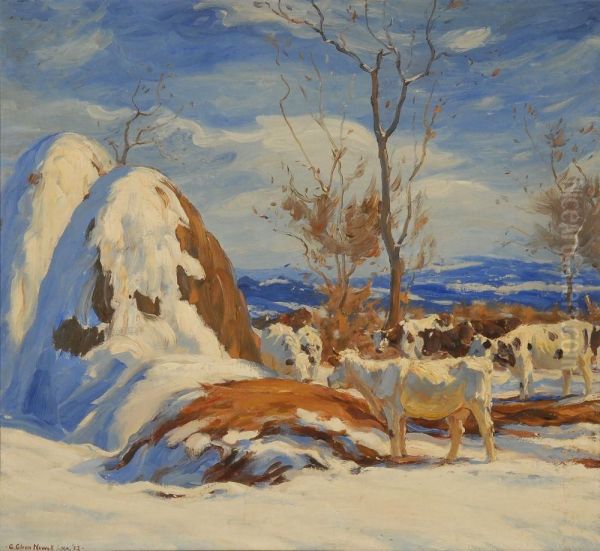 Winter Grazing With Haystacks. Oil Painting by George Glenn Newell