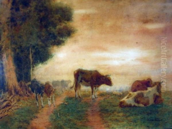 Cows And Calves Atedge Of A Field Oil Painting by George Glenn Newell