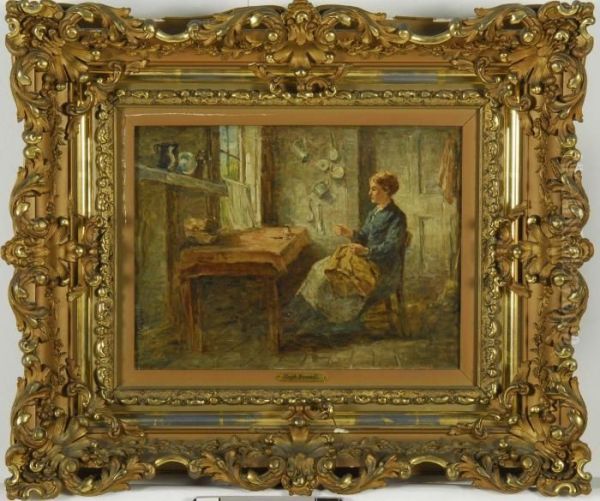 Woman Sewing In A Kitchen Oil Painting by Hugh Newell