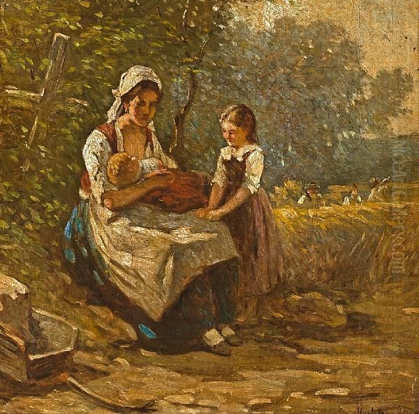 A Rest From The Fields Oil Painting by Hugh Newell