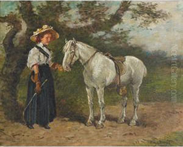 Young Woman With A White Horse Oil Painting by Hugh Newell