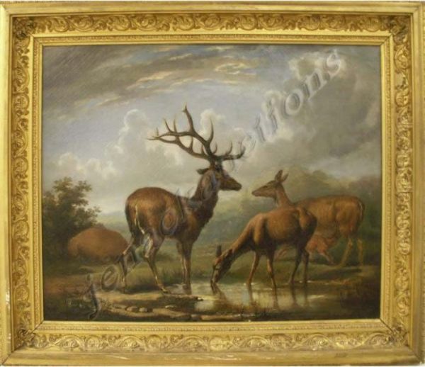 Family Of Elk Oil Painting by Hugh Newell