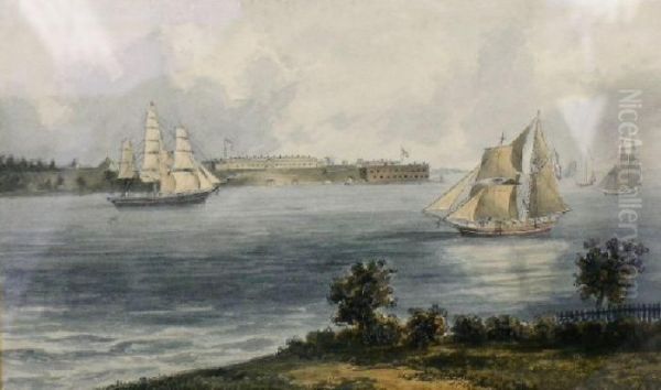 Forts Hamilton And Lafayette, The Narrows, New York, From Staten Island Oil Painting by John Perry Newell