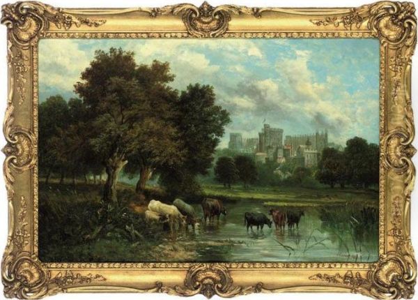 Cattle Watering On The Thames With Windsor Castle Beyond Oil Painting by Harry Foster Newey