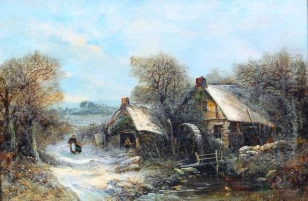 Winter Landscape With Watermill, Figures And Cottages Oil Painting by Harry Foster Newey