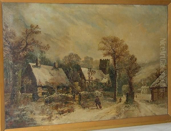 Village Scene In Winter Oil Painting by Harry Foster Newey