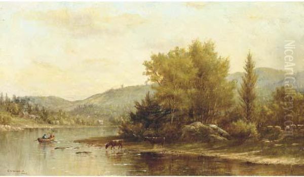 A River Landscape With Figures In A Boat And Cattle Watering Oil Painting by Kate W. Newhall