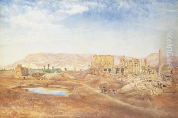 View Of The Temple Of Karnak From The Sacred Lake Oil Painting by Henry Roderick Newman