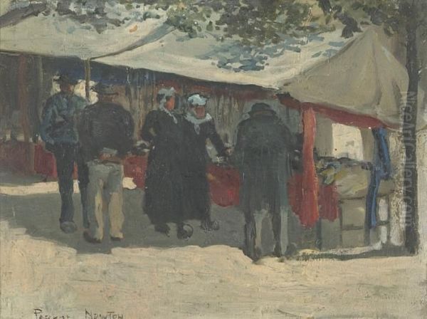 Market Scene. Signed Lower Right Parker Newton Oil Painting by Parker Newton