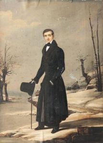 Portrait D'un Homme En Manteau Noir Dans Un Paysage D'hiver Oil Painting by William John Newton