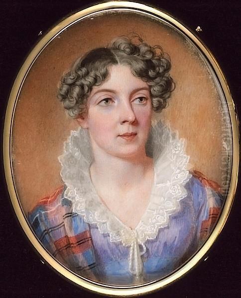 A Lady, Wearing Lilac-blue Dress With White Starched Collar Tied With Tassels And Tartan Shawl Over Her Shoulders, Her Brown Hair Curled. Oil Painting by William John Newton