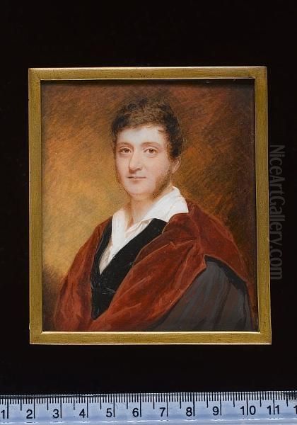 A Gentleman, Wearing Doctoral Robes Over Black Velvet Coat And White Chemise With Wide Collar. Oil Painting by William John Newton