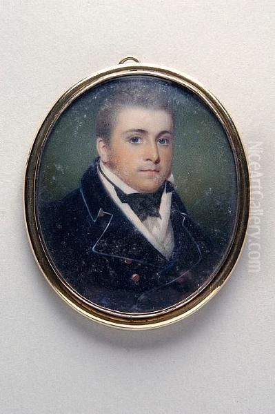 A Young Gentleman Having Fair Hair And Blue Eyes And Wearing A Blue Coat With Gold Buttons, White Shirt And Waistcoat And Black Stock, Against A Green Stippled Ground Oil Painting by William John Newton