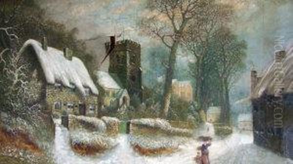 British Provincial School Late 19th Early 20th Century- Figures On A Village Street In Winter Oil Painting by Herbert Newy