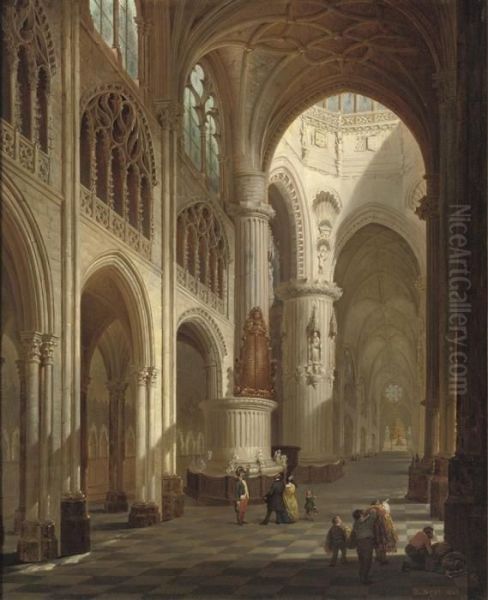 Figures In A Church Interior Oil Painting by Bernard Neyt