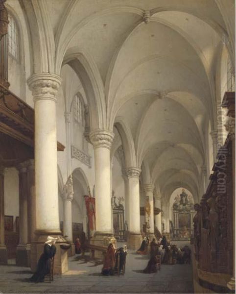 Interieur De L'eglise Saint Paul D'anvers: A Church Interior Withfigures In Prayer Oil Painting by Bernard Neyt