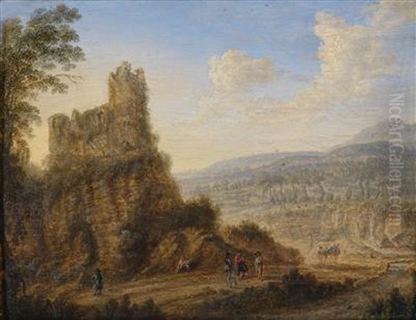 A Landscape With A Castle On A Hill Andconversing Figures Oil Painting by Gillis Neyts