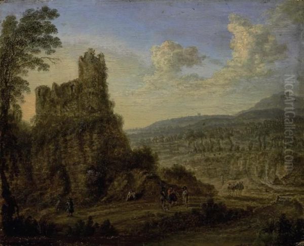 A Mountainous Landscape With Figures Conversing On A Track Oil Painting by Gillis Neyts