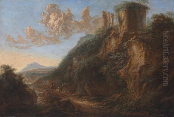 An Italianate Landscape With Travelers On A Path By A Ruin Oil Painting by Gillis Neyts