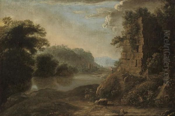 An Italianate Wooded River Landscape With A Figure By A Ruin Oil Painting by Gillis Neyts