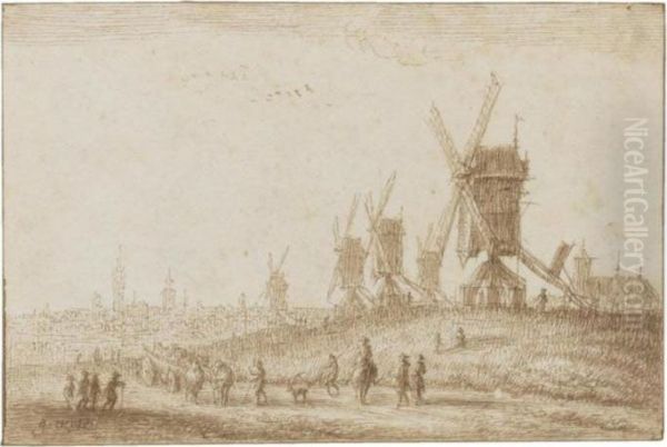 Travelers On A Road By Windmills And A Distant View Of Antwerp Oil Painting by Gillis Neyts