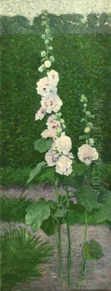 A White Holly Hock Oil Painting by Ferdinand Hart Nibbrig