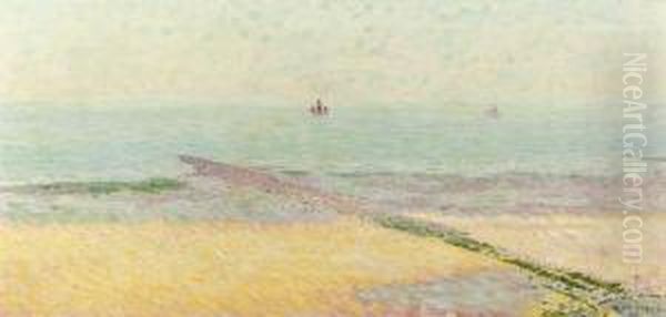 A Sunny Day - Beach Scene With Breakwater Oil Painting by Ferdinand Hart Nibbrig