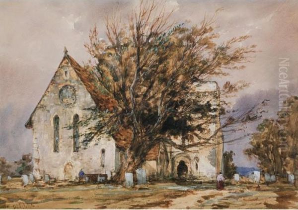 A Church Probably In Sussex With Aged Yew Tree Oil Painting by Richard Henry Nibbs