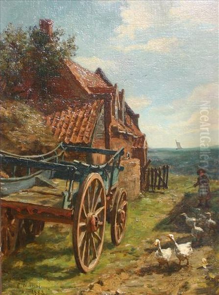 Young Girl Leadinggeese Beside A Cart And Farmhouse Oil Painting by Edwin Nichol