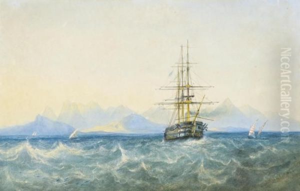 A British Two-decker Under Steam In The Black Sea Oil Painting by Andrew Nicholl