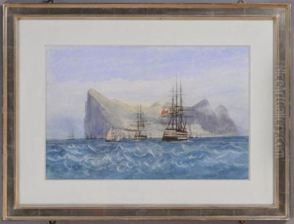 British Ships At Gibralter Oil Painting by Andrew Nicholl