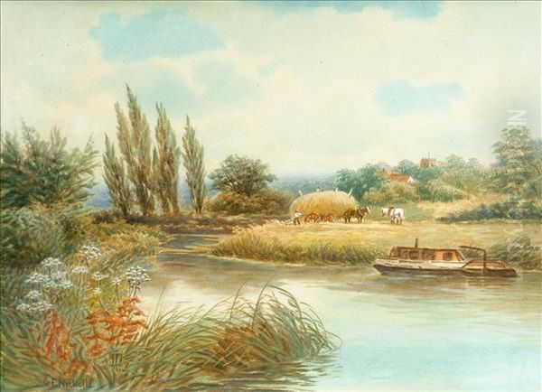 River Landscape With Haywagon Upon The Bank Oil Painting by George F. Nicholls