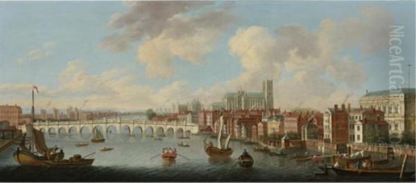 View Of The Thames And Old Westminster Bridge Looking Towards Westminster Abbey Oil Painting by Joseph Nicholls