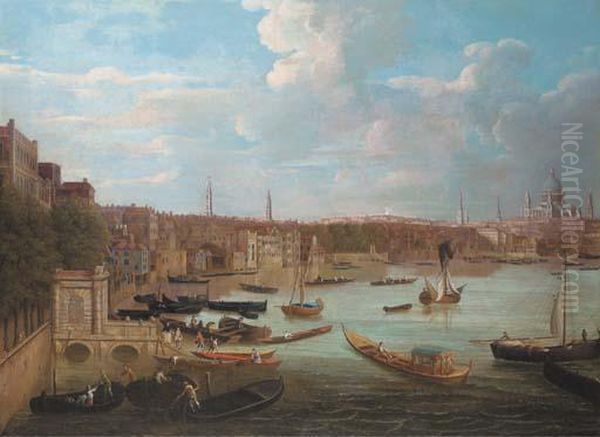 A View Of The River Thames, London With Saint Paul'scathedral Oil Painting by Joseph Nicholls