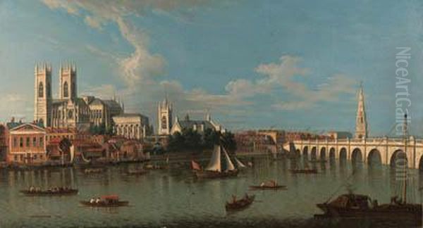 View Of Westminster From Lambeth, With Westminster Abbey, St.margaret's, Westminster Hall, St. Stephen's Chapel, The Banquetinghouse, St. Martin's-in-the-fields, And Westminster Bridge, Withboats On The River Thames In The Foreground Oil Painting by Joseph Nicholls