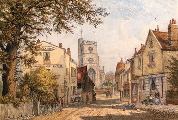 Putney Church; And Lower Richmond Road Looking Toward Putneychurch Oil Painting by W.A. Nicholls