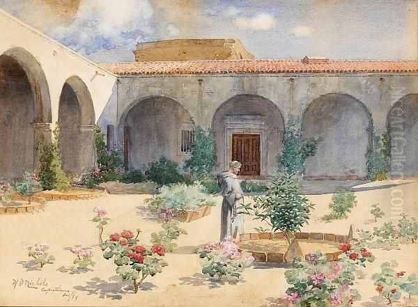 Among The Flowers, Capistrano Mission California Oil Painting by Harley Dewitt Nichols