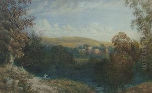 Landscape With Figure Fishing With Castle And Hill Beyond Oil Painting by Emily Nicholson