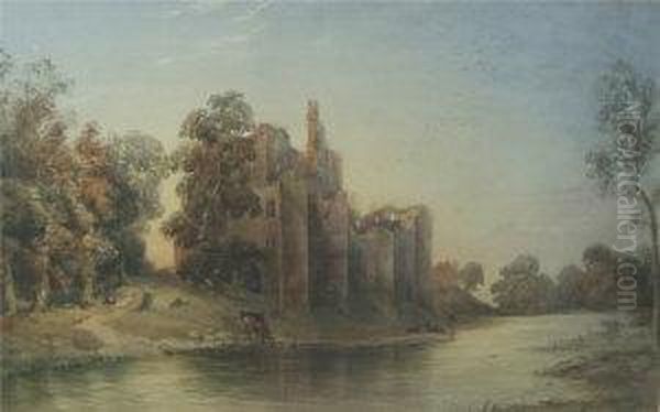 River Landscape With Cattle Watering And Castle Oil Painting by Emily Nicholson