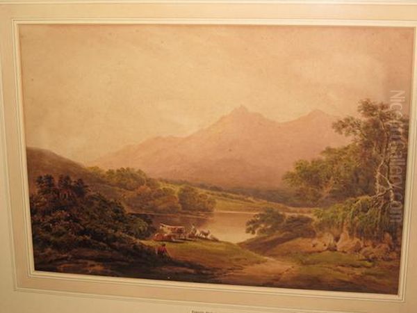 Shepherd, Cattle And Goats Before A Mountain Lake Landscape Oil Painting by Nicholson, F.