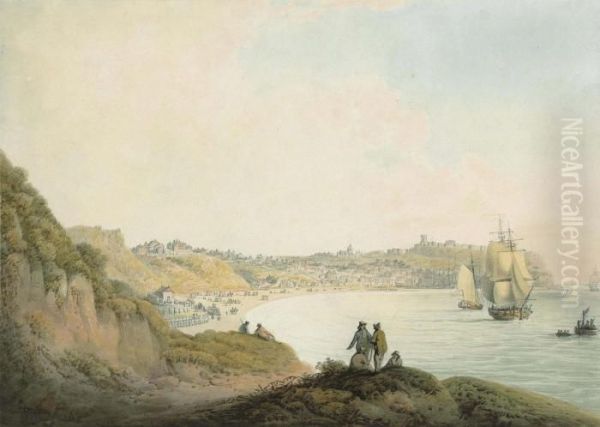 Figures Conversing On A Hill Overlooking Ships Anchored In Scarborough Bay Oil Painting by Nicholson, F.