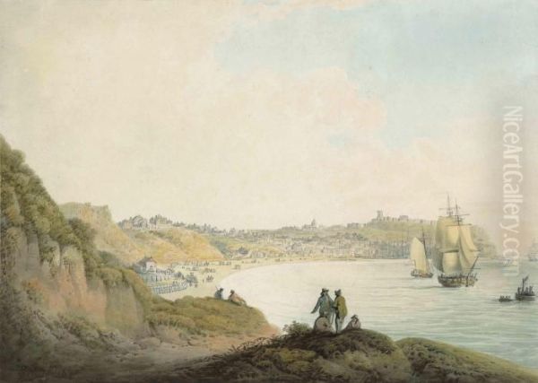 Figures Conversing On A Hill Overlooking Ships Anchored Inscarborough Bay Oil Painting by Nicholson, F.